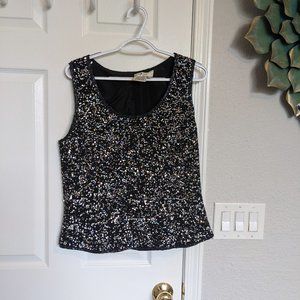 DAZZLING!  Black and Silver, SEQUINS AND BEADS, Pure SILK Papell VINTAGE TOP | L